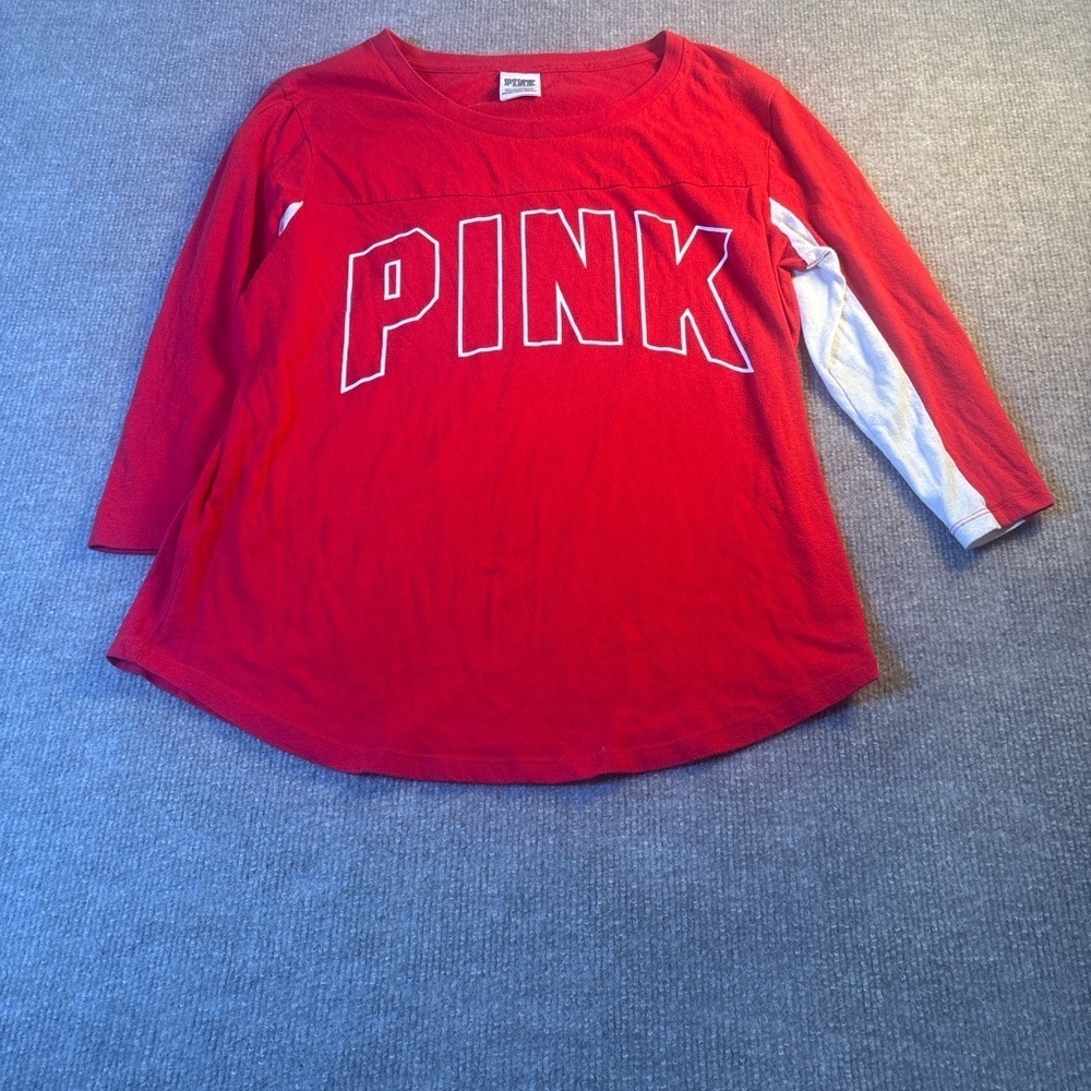 PINK Victoria's Secret Red Long Sleeve Tee with White Accent 1223